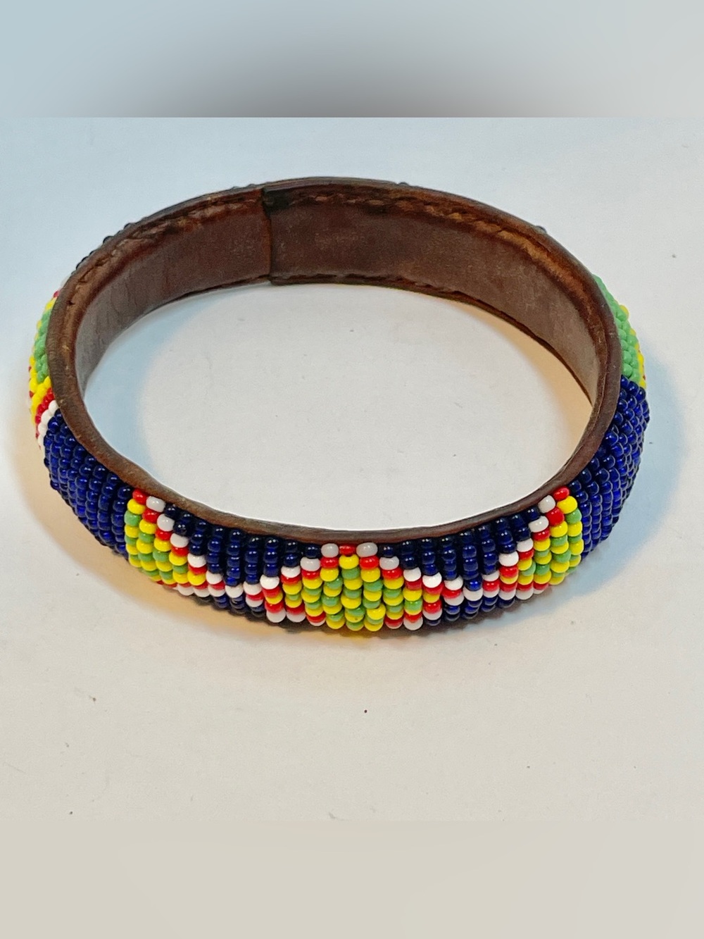 Native Am Style Leather Seed Bead Blue Red Green White 1/2” Bangle Bracelet